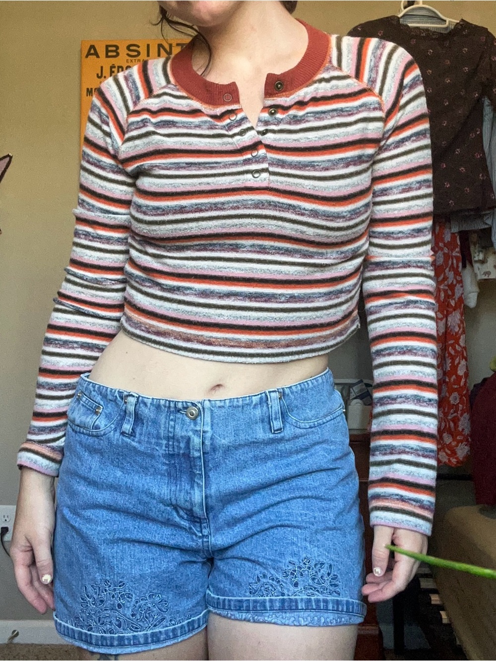 Striped Long-Sleeve Henley Crop Top - Multi-Color